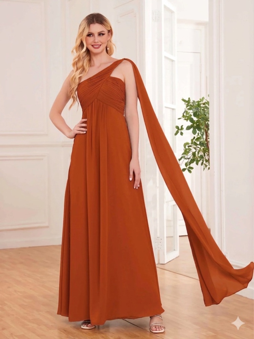 $89 NWOT Pomuyoo Ximena Unique Empire Flowing Straps Maxi Bridesmaid Dress 6